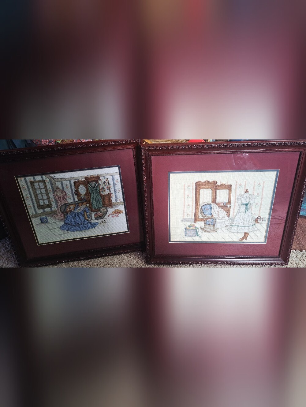 Finished Framed Matted Cross Stitch Paula Vaughan Quilt Sewing Theme Art Deco